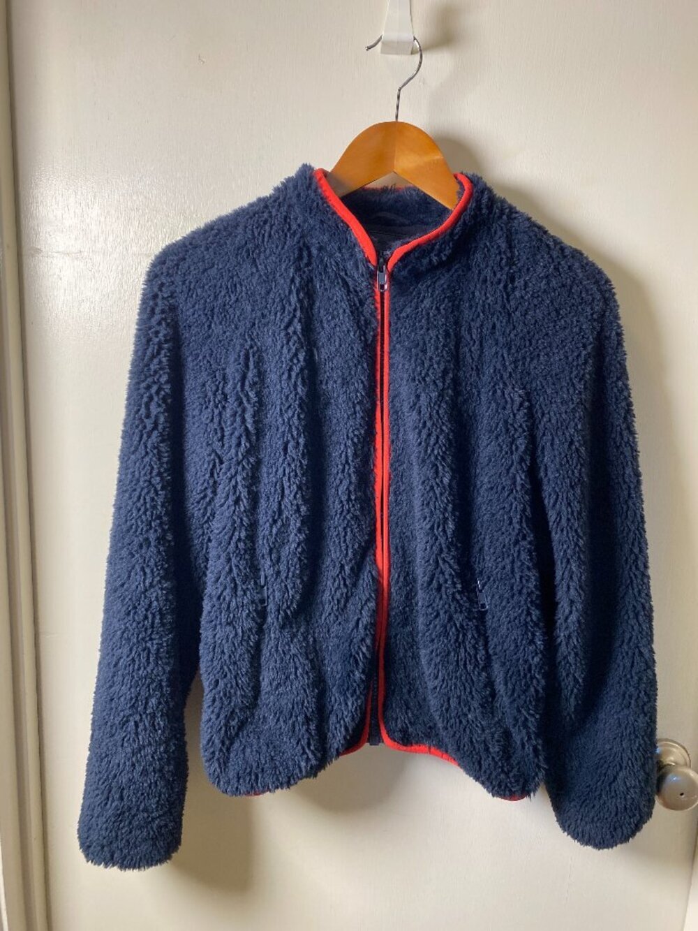 MOTHER Sherpa Fleece Jacket Navy Red Trim Zip Up Cropped Size Small